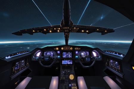 out in deep space, in cockpit view of spaceship, dark space with some stars in front, see small ships and a space station in the distance, no planets are visible