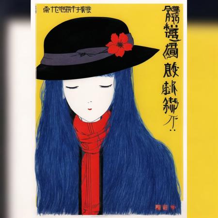 <lora:oldjapcover:1>, oldjapcover,  book cover, poster, drawing, japanese text, book with a, 1girl, bare shoulders, blue hair, closed eyes, hat, highres, jacket, long hair, lying, on back, pouch, redlammy, scarf, shin guards, shorts, sleeping, solo