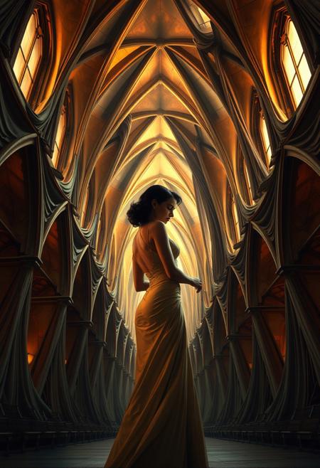 A cathedral-like structure where the walls twist and flow like draped fabric, cinematic romanticism, vintage glamour, pin-up elegance, dramatic lighting, narrative figuration, soft painterly realism, nostalgic atmosphere, mid-century fashion, expressive body language, glowing skin tones, rich color palette, sensual yet tasteful poses, stylized romance, emotional restraint, classic Americana, golden hour light, 1940s-1950s aesthetics, poised seduction, narrative beauty, timeless allure
