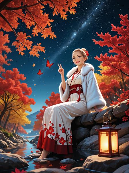 1 girl,SavanahK, blond hair, green eyes, medium breasts, 1 girl,SavanahK, blond hair, green eyes, medium breasts, realistic, photorealistic, beautiful,(plum blossom), red Butterflies,((autumn)),((red and white flowers)),(starry sky),(sitting),scenery,lantern,(starfall),1girl, solo, from below, lake, victory pose, hair pulled back, fur coat, long skirt, smile,