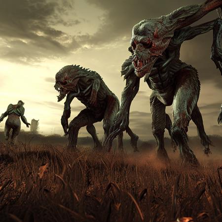 people running across a field, photo, 8k, hyper detailed, art by DavesHorror