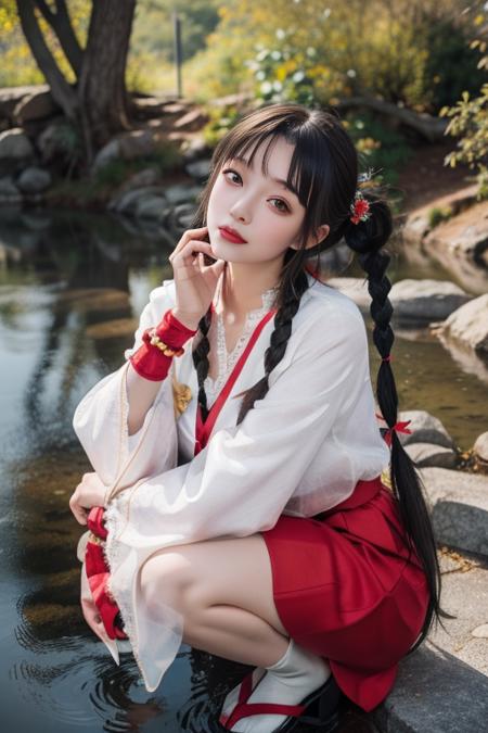 ultra-detailed,highly detailed,best quality,masterpiece,illustration,realistic,
hutao, 1girl, solo, braid, photo background, jewelry, photo inset, squatting, bracelet, black hair, looking at viewer, twin braids, reference inset, outdoors, hair ornament, full body, hand on own face, long hair, chinese clothes, dress, long sleeves, brown hair, realistic, hand on own cheek, brown eyes, bangs, cosplay, skirt, head rest, water, rock, traditional media, twintails, tree, sitting, day, nature, hair rings, river, black eyes, see-through, red dress, head tilt, closed mouth, hair bun, wide sleeves, lips, frills, beads, tdnm
 <lora:hutao_tdnm_v2_03:0.6>