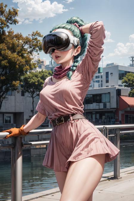 1girl,solo,outdoors,nature,arms up,best quality,absurdres,<lora:add_detail:1>,sexy pose, seduction pose, dragon ball,blmpony,aqua hair,hair ribbon,braided ponytail,pink shirt,belt,scarf,pink skirt,clothes writing,brown gloves,medium breasts,sexy,skimpy,view from below,green hair,
<lora:bulma_9:0.7>,wearing VR glasses vision pro <lora:vision_pro_v2:0.6>,