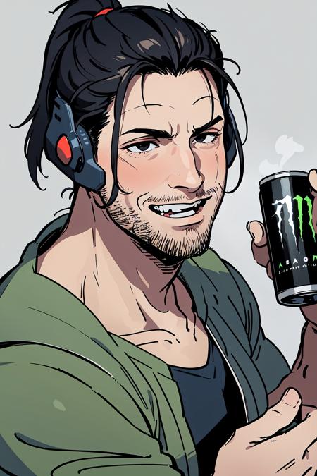 masterpiece, best quality, 1boy, solo, JetstreamSam, <lora:JetstreamSam:0.7>, laughing, HoldingMonsterEnergy, <lora:Pos_HoldingMonsterEnergy:0.5>, holding, black eyes,