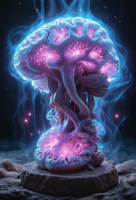 8k, analog photo, floating a anatomical brain marrow made of glow of bioluminescent, mystical and captivating atmosphere, dark background,