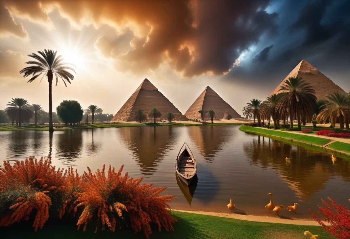 cinematic photo of [[[Khufu ship]]] sailing on small lake beside magnificent three pyramids of Giza appear clearly, ducks and geese swimming, papyrus plants, charm, Professional lighting, full of life, Lively and energetic, 8K, rays of sun flow beyond heavy clouds, HDR, Cinematic Shot, Cinematic Lighting, amazing world, pure perfection, wide angle exterior background, autumn leaves, grass, flowers, jasmine flowers, palm trees, nebula horizon.