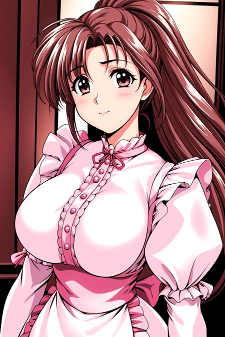 Simple White Background,
puffy sleeves,pink dress,maid, maid headdress, maid apron, 
<lora:Satomi_Morihara_PiaCarrot-KK77-V2:0.7>,
brown eyes, brown hair,long hair,Bangs,high ponytail, hair ornament, 
<lora:Oda_Non_Style-KK77-V2:0.3>,<lora:more_details:0.1>,
1 girl, 20yo,Young female,Beautiful Finger,Beautiful long legs,Beautiful body,
Beautiful Nose,Beautiful character design, perfect eyes, perfect face,expressive eyes,perfect balance,
looking at viewer,(Focus on her face),closed mouth, (innocent_big_eyes:1.0),(Light_Smile:0.3),
official art,extremely detailed CG unity 8k wallpaper, perfect lighting,Colorful, Bright_Front_face_Lighting,White skin,
(masterpiece:1.0),(best_quality:1.0), ultra high res,4K,ultra-detailed,
photography, 8K, HDR, highres, absurdres:1.2, Kodak portra 400, film grain, blurry background, bokeh:1.2, lens flare, (vibrant_color:1.2),professional photograph,
(Beautiful,large_Breasts:1.4), (beautiful_face:1.5),(narrow_waist),