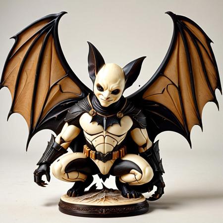 8k, score_9, score_8_up, score_7_up,
masterpiece,realistic,ultra detailed, vibrant colors,photo-realistic,
bat-like humanoid made out of ivory,
A large, powerful creature, resembling a bat-like humanoid, is crouched low to the ground, positioned in the center of the image.  The creature has dark, thick fur/hair covering its head and upper body, resembling a bat's wings.  Its face is a mix of human and animal features, with sharp, angular features and a stern expression.  The creature's body is muscular and heavily built.  It wears protective, segmented gauntlets on its arms, and appears to have a utility belt or harness. The creature's hands have sharp, clawed fingers. The creature is in a dynamic stance, ready to pounce, with claws extended.  The color palette is muted, ranging from various shades of brownish-gray, and tan/beige, with accents of dark black and orange hues in the bat wings. The lighting is diffused, creating soft shadows that highlight the creature's form and details. The style of the image is detailed, stylized, and evocative of a video game character design.  A stick or a spear-like object is positioned beneath the creature. The composition is sharp, clear, and draws the viewer’s attention to the creature’s power.  The creature's orientation is looking slightly downward, almost at the viewer, from a low angle perspective.
white background,
Protruding from the frame, ebony, ivory, scrimshaw, bone carving,