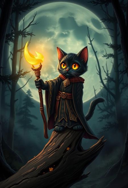A black cat with molten gold eyes, adorable and cute, in elaborate Mage robes, holding a glowing staff as he balances on a fallen log. Misty forest at night. Large full moon.