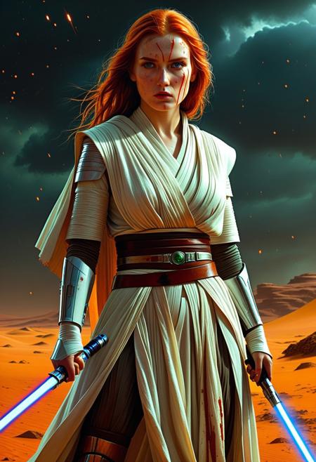 A beautiful Jedi Knight with wavy red hair Standing on the a bloody battlefield on Tatooine. Her white Jedi robe are intricately detailed and reflecting flickering light, Star Wars style, The light of battle illuminates her determined expression as she prepares to face the dark enemy, (holding the blue Lightsaber in his hand: 1.5), Close up. Star Wars art style, They stand on the battlefield against an army of Dark Sith where a bloody slaughter is taking place, (standing in a vigorous pose: 1.3), (direct eye contact: 1.3), whole athletic body, cinematic lightning, intricately detailed white and green Jedi robe, The scene is reminiscent of a Greg Rutkowski concept art piece, realstic blue eyes, realistic freckled pale face covered in blood, with dramatic lighting and a dark, curvy, looking at viewer, gritty atmosphere, Ultra-detailed, Raytracing reflections, High contrast, beautiful Jedi Knight, beautiful firm body, girl athletic figure, (very pale face: 1.3), oranges, and greens, attractive 21 years old woman, cinematic lightning, Cinematic film still, Medium shot. Best quality, Masterpiece, The scene is reminiscent of a Greg Rutkowski concept art piece, realistic pale face covered in blood, with dramatic lighting and a dark, gritty atmosphere, asymmetrical balance, adding to the intense and dynamic atmosphere of the scene