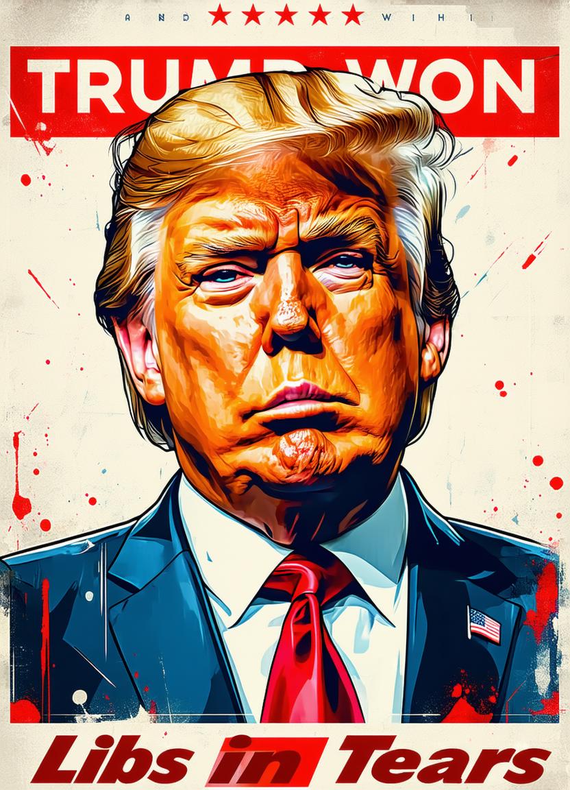 2d anime style, An extremely stylish poster for the film with the caption: "TRUMP WON", with 2d anime bishoujo Donal Trump on background. perfect text typography.
additional small text sentence below "Libs in Tears", red "21+" rating logo