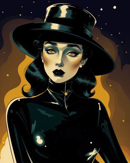 Illustration by Herge of a city at night where a woman wearing a hat poses for a picture, black makeup, shiny glossy, dark night, <lora:Vintage_vibes_SD15:0.75> , vintage_vibes