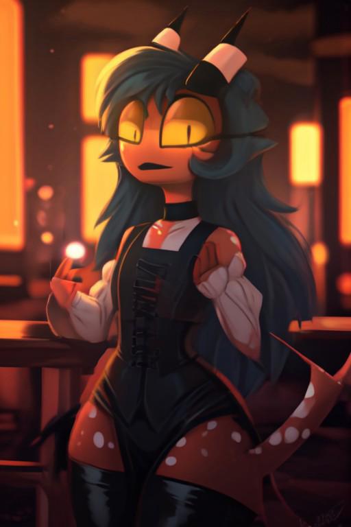 furry, anthro, ((masterpiece)), (furry art, uploaded on e621, 4k, fine details, (subtle soft details), (female), (bright orange iris:1.5), (bright orange eyes:1.5), helluva-imp, imp, demon, ((leather slave collar)), (very long hair:1.4), (blue Hair:1.2), ((deep red skin)), (medium breasts:1.4), (black lips), (chubby), sultry expression, sexy, beautiful, (split complimentary color scheme), wide hips, yellow sclera, dancing, busy city street, cleavage, (corset), (stockings), (demon tail, spade tail), latex outfit, horns, hooves, white vitiligo, skin discoloration, skin spots, Hand, Detailed hand, Perfect hand, (black pupils:1.4), millie, crop vest, detached sleeves, glasses,