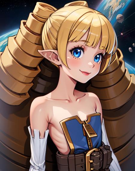 Archer, blond hair,drill hair,flat chest,pointy ears,blue eyes , smiling 
standing,  upper body,  
detached sleeves,bare shoulders, strapless dress,zipper,boots,belt ,white thighhighs, brick road, outer space, stars, 
(insanely detailed, beautiful detailed face, masterpiece, best quality)  <lora:Archer-10v6:0.8>