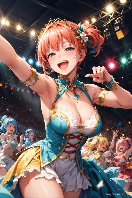 A group of women in idol costumes are striking a pose while happily singing and dancing together, sweating and having fun, They're all smiling and having fun, enjoying the moment. The girls are surrounded by cute and colorful decorations, and they're comfortable and relaxed. They're all good friends, and they're happy to be spending time together, arena,idol stage, spot lighting, light from above, confetti:1.3, motion blur,dutch angle shot, masterpiece, absurdres, best quality, intricate details, best quality, 8k, best aethetic, beautiful art, ultra-detailed, illustration,