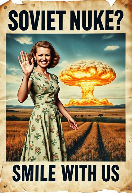 “A decayed, vintage-style poster from 1957, weathered and torn, depicting a surreal American country scene. The faded image shows a woman in a floral-patterned 1950s dress holding her young daughter’s hand with one hand, while making an exaggerated ‘OK’ sign with her other hand. Her wide, mad smile radiates an eerie and unsettling charm. In the far background, a massive nuclear mushroom cloud dominates the sky, with fiery orange fireballs at its base and visible blast waves rippling through the landscape. The poster’s bold text, ‘SOVIET NUKE?’ across the upper section and ‘SMILE WITH US’ in the lower section, is faded, smeared, and inked with scribbles and stains. The paper appears rotten, with tears, creases, and discolored edges, amplifying the eerie and apocalyptic tone of the piece.”