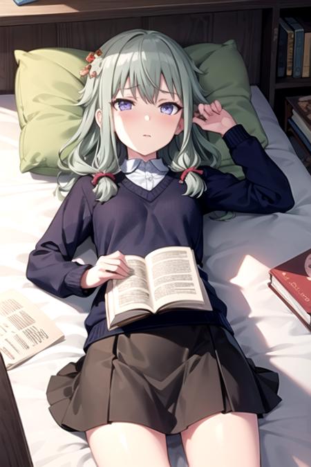 <lora:NotKyo-02:0.7> ,nene, 1girl, solo, long hair, skirt, hair ornament, long sleeves, holding, purple eyes, lying, green hair, indoors, on back, sweater, cup, pillow, book, bed, table, scrunchie, mug, bookshelf, tissue box