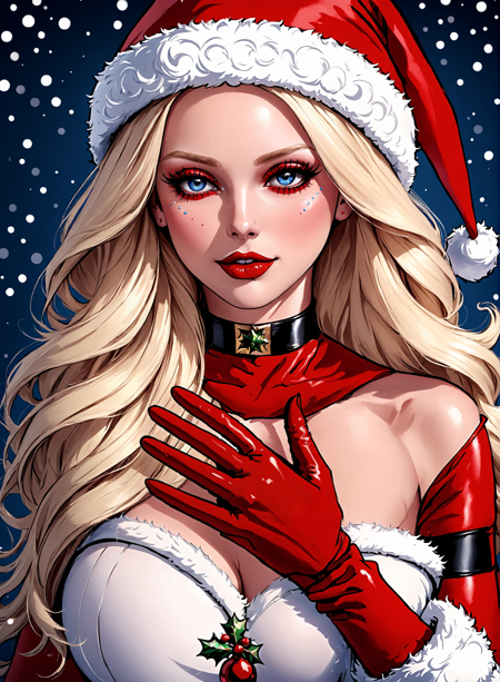 Santa Overlords Style, (masterpiece, best quality, ultra-detailed, best shadow), (detailed background, christmas fantasy), (beautiful detailed face), high contrast, (best illumination, an extremely delicate and beautiful), ((cinematic light)), 1girl, solo, long hair, blonde hair, gloves, hat, elbow gloves, lips, makeup, christmas, santa hat, red gloves, santa costume, realistic, <lora:SantaOverlordsXL:0.8>