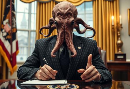 president cthulu in a sharp pin striped suit posing for presidential portrait in the oval office, real photograph, signing bill, empty eyes, lovecraftian, vote for cthulu photorealistic, correct hands, correct fingers, seal of the president of the united states