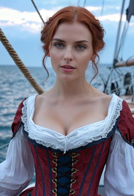 8k, uhd, masterpiece, high quality professional full-body  photography, a beautiful woman, with a beautiful body, in a medieval short dress, corset, neckline, hyperdetailized, detailed natural face, detailed smooth red hair, very detailed eyes, volume of eyes, looking to the camera, flirting with camera, detailed delicate skin, pores, skin moist from the sea air, correct anatomy, correct physics of body tissues, beautiful breasts, beautiful hips, correct hands and fingers, detailed clothes, photographic smoothing, standing on the seashore against the background of a sailboat, open sea, cloudy, darkness, epic, atmospheric, natural light,