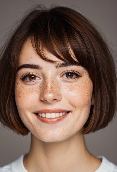 beautiful lady, (light freckles), flirty smile, brown hazel eyes, brunette hair, bobcut, dark makeup, hyperdetailed photography, soft light, head and shoulders portrait, cover