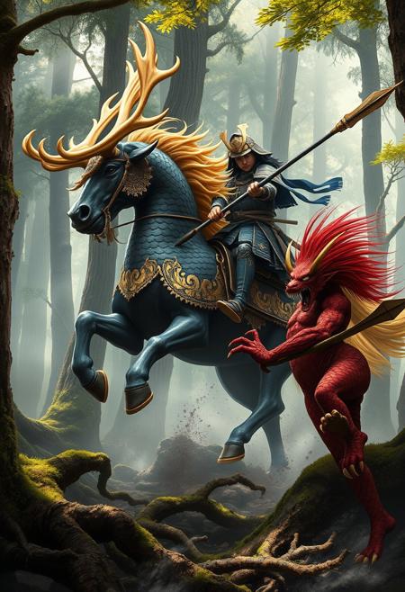 A Samurai in ornate, battle-worn armor rides atop a majestic Kirin through a misty Japanese forest. The Kirin’s scales resemble dark lacquer edged with shimmering gold, giving it a regal, polished appearance. Its large, elk-like antlers gleam in gold and silver, catching the dappled sunlight breaking through the dense canopy. The Kirin’s golden mane flows like liquid fire as it charges forward with an aura of divine power. The Samurai, gripping a long spear, delivers a decisive strike to a crimson-skinned Japanese demon with wild hair and sharp claws, mid-attack. The forest is alive with towering trees, moss-covered roots, and swirling mist, framing the dramatic and mystical battle.