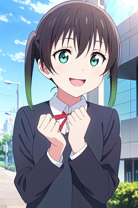 (best quality, masterpiece:1.2), 1girl, solo, anime, anime screencap,  ray tracing, global illumination, ultra resolution image, vivid color,  cinematic light,  lens flare,  light on face, glow eyes, (upper body1.2),  smile, depth of field, happy, front view, pov, outdoors, blue sky, sunlight, day, detailed background, kawaii, cute,
<lora:A_Takasaki Yuu New2:0.8> takasaki yuu, nijigasaki academy school uniform,