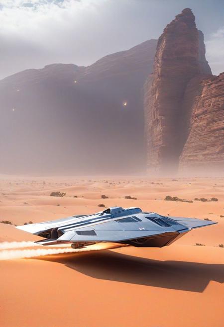 A ship without sail, needle-like appearance, in the desert, flying just above the ground, Ion thruster, Futuristic vehicle, 4-persons vehicle, thin vehicle, aerodynamic, planing,
(foggy background, epic realistic, rutkowski, hdr, intricate details, hyperdetailed, cinematic, rim light, muted colors:1.2)