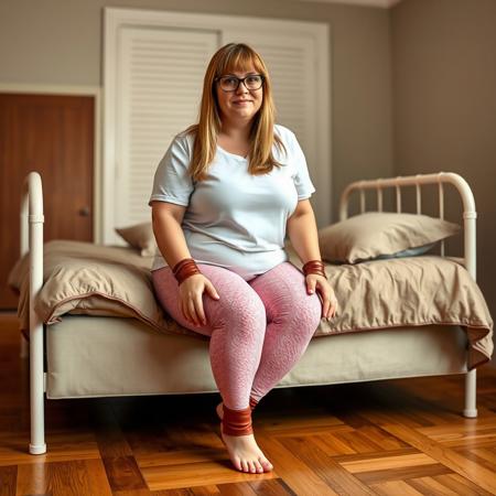 A full body shot of a chubby adult Scottish woman with long straight bangs, glasses, a white t-shirt, and pink textured leggings. She is barefoot wearing pin bdsm lether cuffs on anklessitting  the side of a daybed in a bedroom with hardwood floors. Warm lighting,