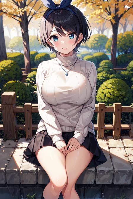 masterpiece, best quality, highres, 1girl, solo, jewelry, skirt, sweater, necklace, black skirt, black hair, short hair, ribbed sweater, socks, turtleneck sweater, turtleneck, white socks, blue eyes,  long sleeves, pleated skirt, ribbon, breasts, bow, hair ribbon, hairband, hair bow, bangs, large breasts, white sweater, sarashina ruka, <lora:sarashina_ruka_v10:0.6>, smile,