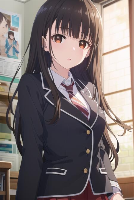 yumeirido, <lora:yume irido s1-lora-nochekaiser:1>,
yume irido, long hair, bangs, (black hair:1.5), hair ornament, (brown eyes:1.5), hairclip,
BREAK shirt, school uniform, jacket, white shirt, necktie, collared shirt, blazer, red necktie, red skirt, skirt,
BREAK indoors, classroom,
BREAK looking at viewer, (cowboy shot:1.5),
BREAK <lyco:GoodHands-beta2:1>, (masterpiece:1.2), best quality, high resolution, unity 8k wallpaper, (illustration:0.8), (beautiful detailed eyes:1.6), extremely detailed face, perfect lighting, extremely detailed CG, (perfect hands, perfect anatomy),