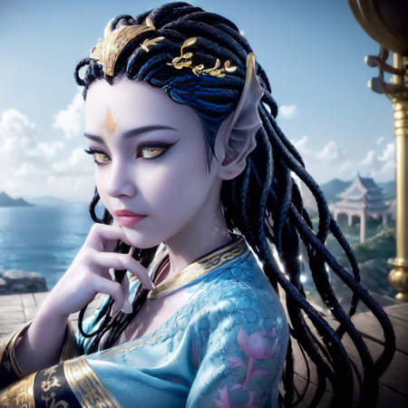 (illustration:1.8),(best quality),(masterpiece:1.5),masterpiece,extremely detailed CG unity 8k wallpaper),depth of field,dramatic angle,(Silver detailed cyan_ribbon and white flowers in the girl's long black_hair:1.25),((gold_black Taoist robes:1.35)),(braid), (detailed beautiful face:1.3),detailed symmetrical_Blue_eyes,(Ancient palace background far away:1.55),A slight light, (pink flower:1.2),chiaroscuro, ((lotus) in beautiful detailed flowing_clouds_sea:1.3), Rayleigh scattering,(feather headdress:1.15),bere, a mermaid statue with a fish tail and a fish tail<lora:bere-10:0.7>