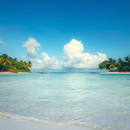 perfect carribean beach, into infinity, distant clouds on the horizon, perfect, pine trees, palm trees, barbados