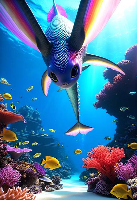 kitty diving underwater surrounded by fish, underwater kingdom, Ocean, Coral reef adventure, Reef Expedition, giant glowing exotic monster sea creature . Appetizing, professional, culinary, high-resolution, commercial, 
3d-rendering, concept-art, digital, dreaminess, futuristic, multimedia, sculpture, virtual-reality, 
eeriness, fantasy, photorealism, other-worldliness, realism, sci-fi, technological, alien worlds, advanced civilizations, 
intricate details, highly detailed, ultra-detailed, absurdres, unreal engine, octane rendering, high contrast, vivid, vibrant, volumetric lighting, sharp focus, 
aid291, midjourneyv6.1, 
RainbowUnicornStyle
