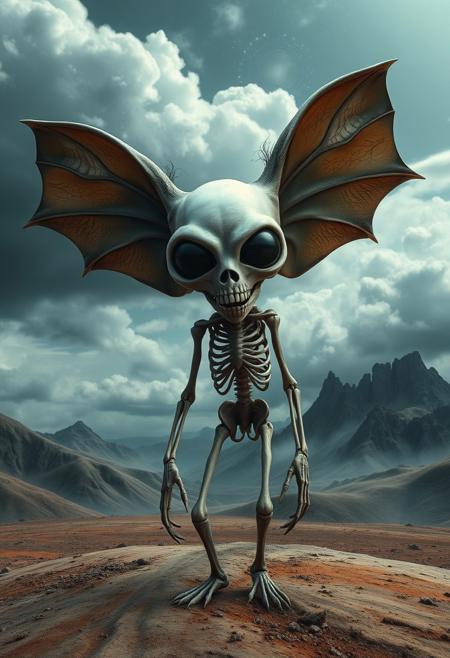 The image depicts a surreal, otherworldly creature standing on a textured landscape under a sky filled with dramatic clouds and faint cosmic patterns. The creature is characterized by a skeletal face with large, bulbous eyes that dominate its alien-like visage. Its bat-like ears are oversized and membranous, adding to its eerie appearance. The body is thin and slightly hunched, covered in wispy fur, with long, bony arms and claw-like fingers. The creature's sharp, fang-like teeth protrude ominously, creating a sinister expression. The background features rolling hills and jagged peaks, with an ethereal, dreamlike quality that enhances the fantastical and unsettling atmosphere.