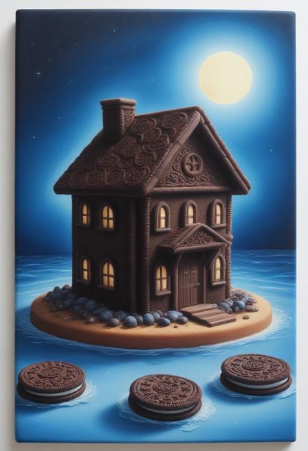 glowing light, sea, house made of creamy cookies, (masterpiece:2.0), high quality, ink sketch style, high detailed, watercolor. blue aura, zero gravity,