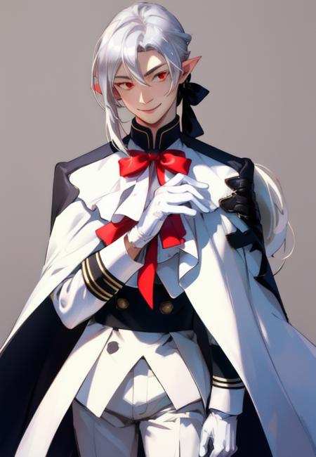Ferid silver hair, low ponytail, white pants, pointy ears, hair bow, cape, white shirt, white gloves, neckbow, military uniform white pants, black boots