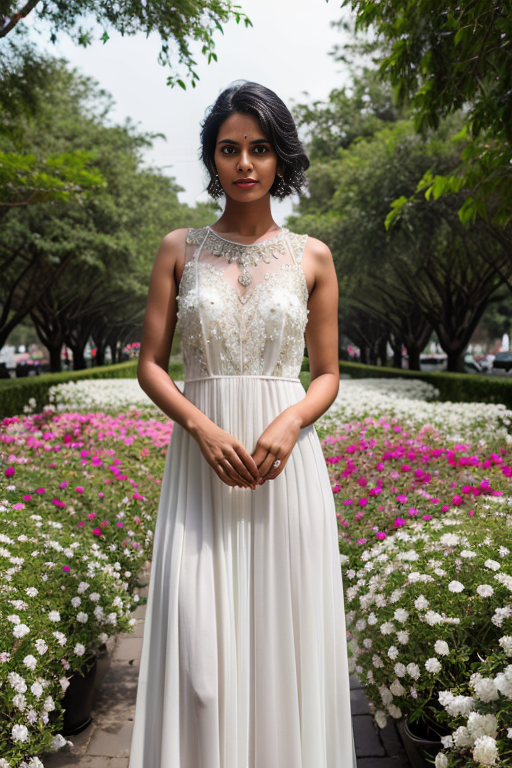 RAW photo, portrait 1girl, Indian supermodel, posing, beautiful face, short black hair, white long dress made of flowers, complex city background <lora:FlowersFashion:0.7> FlowersFashion, 8k uhd, dslr, soft lighting, high quality, film grain, Fujifilm XT3, (intricate details:0.9), (hdr, hyperdetailed:1.2)