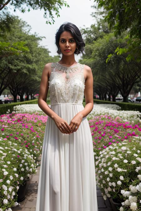 RAW photo, portrait 1girl, Indian supermodel, posing, beautiful face, short black hair, white long dress made of flowers, complex city background <lora:FlowersFashion:0.7> FlowersFashion, 8k uhd, dslr, soft lighting, high quality, film grain, Fujifilm XT3, (intricate details:0.9), (hdr, hyperdetailed:1.2)