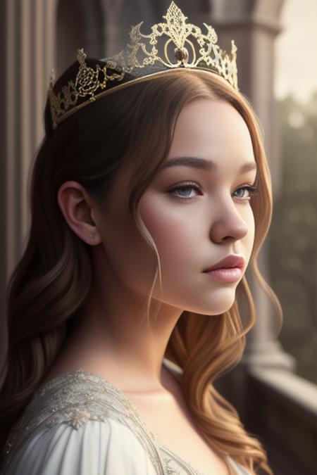 sadiestanley as a medieval princess standing in front of a castle, princess robe, crown, masterpiece, best quality, highest quality, cinematic lighting, (volumetric lighting), extremely detailed CG unity 8k wallpaper, focused, 8k wallpaper, 4k wallpaper, extremely detailed, ultra realistic, photorealistic, sharp focus, absurdres, (HDR:1.2), (high contrast), photograph, detailed and intricate, instagram, portrait, highly detailed, digital painting, artstation, concept art, smooth, sharp focus, illustration, cinematic lighting, Style-Princess,