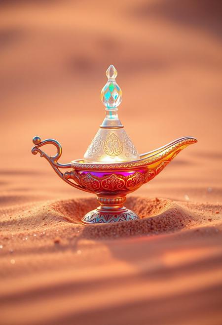 crayon,glow, A resplendent, iridescent genie lamp, crafted with a verisimilar glass-like texture, rests on a bed of scintillating sand. Capture the ethereal luminescence of the lamp, emphasizing its pearlescent sheen as if refracting the warm, golden hour sunlight. Employ a low camera angle, accentuating the lamp's majestic form against the undulating dunes. The sand, a tapestry of warm pinks, oranges, and purples, should sparkle subtly, catching the fading light. Include intricate details on the lamp's surface, highlighting its ornate carvings and the play of light within its iridescent material. The background should subtly fade into a soft bokeh, hinting at the vastness of the desert.