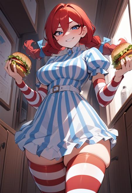 cowboy shot, solo, 1girl, ffwendys, smirk, looking at viewer, holding food, holding hamburger, twin braids, striped dress, striped sleeves, puffy sleeves, striped thighhighs, masterpiece, best quality, rating: general, newest <lora:fastfood_wendys_xl-000004:1>