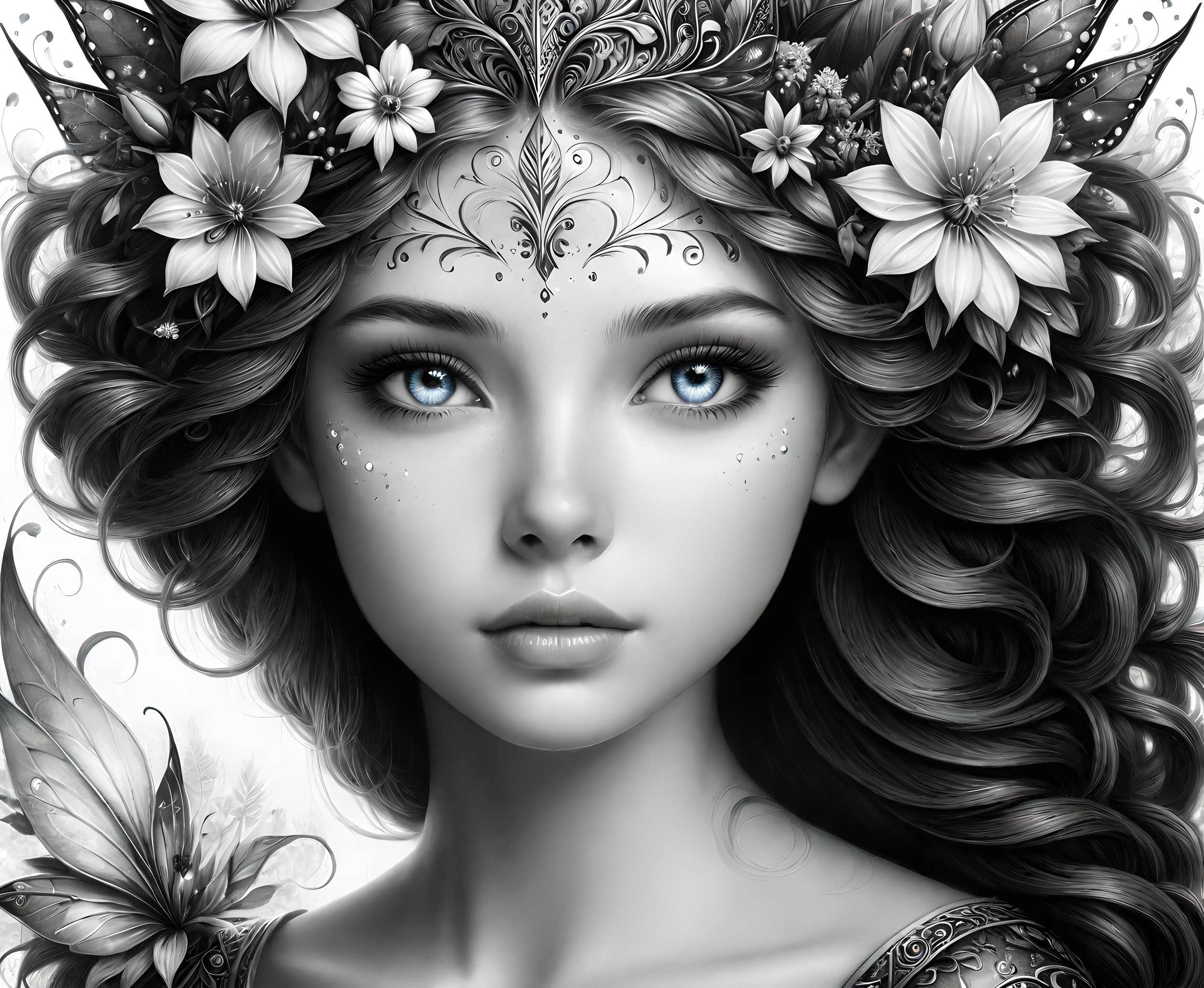 A digital painting of a woman with blue eyes and a flower crown.