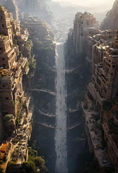POV view , DOF,
(Ancient civilization, Alien Prometheus movie scene, dune movie scene:1.5), (The colonial city of the future, in the mist-filled Grand Canyon, on an unknown Earth-like planet, 2 moon on sky, Spaceship flight connects colonies, waterfulls:1.3), (Machu Picchu, a mountain settlement, incredibly spectacular:1.2), (Mario Botta:1.3), (avant-garde, future, reality, science fiction, photorealistic), (modern architecture:1.2), White limestone with black granite, fountain, waterfall, landmark, square, path, narrow street,
(Large Files, Ultra Realistic, 8K, 16k, FHD, HD, VFX, Perfect, Photography, composition, Architecture Sales Photography, Architecture Competition, Ultra High Resolution, Cinematography, High Resolution Image:1.1), (dramatic lighting, direct sunlight, ray tracing, clear shadow:1.2),  (real landscape:1.1), (blurred background:1.0), (urban background, more_details) ,
great lighting, clear, hillscastel, <stardeaf-cold-arc>, xtower, industrialbuilding