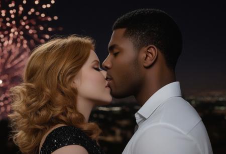 Caucasian actress/singer Renee Olstead and African American actor/model Broderick Hunter share a steamy kiss while backlit by a spectacular display of fireworks going off in the night sky. Both look happy and in love with each other. Broderick wears a white satin shirt and black pants. Renee wears a sparkly black dress. Renee has lovely makeup on her face. Nighttime. Romantic ambiance. High sexual tension. Symmetrical eyes. Symmetrical faces. Lovely details. Photorealistic. Full-colored photo. Professional photo. Highly detailed 8K.