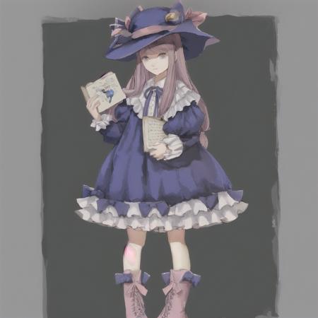 1girl, adapted_costume, blue_bow, blue_ribbon, book, boots, bow, crescent, dress, frills, full_body, hat, hat_ornament, holding, holding_book, long_hair, long_sleeves, looking_at_viewer, mob_cap, patchouli_knowledge, ribbon, simple_background, solo, standing, white_background, white_cat,<lora:yeqiche-000008:0.75>