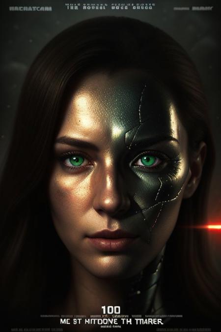 movieposter, Close-up portrait of a stoic female android with a weathered, metallic face. Deep-set green eyes glow faintly with a red inner light, hinting at her advanced AI. Her strong jawline and prominent cheekbones are accentuated by cybernetic enhancements embedded beneath the metallic skin. The corner of her lip is slightly raised in a barely perceptible smirk, suggesting hidden processing power. Cinematic lighting with dramatic shadows highlighting the details of her face. Hyperrealistic style, detailed metallic textures, inspired by the Terminator franchise. cinematic Impressionism, masterpiece layout design, cinematic cloud of red smoke font design, movie poster design , 100 shade of Darkness Horror Movie