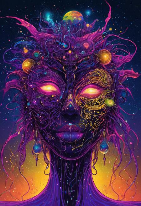 DB4RZ style painting(in Otomo Katsuhiro style:1.2), masterpiece, high-quality,aidmansfwunlock, masterpiece, neon splash art This is a digital artwork featuring a stylized covered in a constellation of glittering iridescent stars and cosmic particles surrealistic portrait of a humanoid figure set against a dark with a body that is predominantly dark almost liquid texture almost black gradient background transitioning from dark purple to black. The figure is rendered in a smooth giving it a celestial appearance.vibrant surreal colours fine art,Full shot of an abstract painting.  A character with hair flowing like liquid shadows, her face illuminated by a pair of otherworldly glowing eyes, surrounding her are floating monstrous masks with distorted expressions, each mask dripping with neon colors, Style is Horror-fantasy realism with intricate details, vibrant color contrast, eerie yet enchanting, (elaborate fine details:1.1), (hyperdetailed:1.1), (intricate details:1.0), (Refined details:1.1), (best quality:1.1), (high resolution:1.2), <lora:FLUX\Anime v1.3:0.6> <lora:FLUX\Elden_Ring_-_Yoshitaka_Amano:0.5> <lora:FLUX\RetroAnimeFluxV1:0.4> <lora:FLUX\Comic book V2:0.8> <lora:FLUX\PrismaticPersona:0.7>