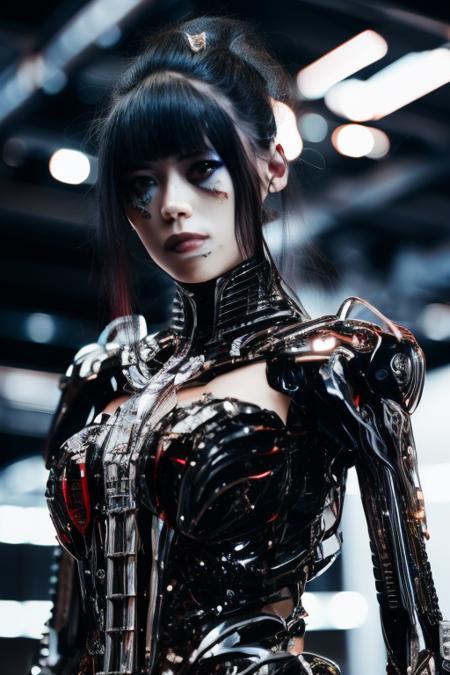 a Ornate Princess , elegant, futuristic, detailed cyborg, (biomechanical) , black hairs, ominous,dark, ƒ/5.6 , cinestill800t, behance hd,cute, unsplash, wide