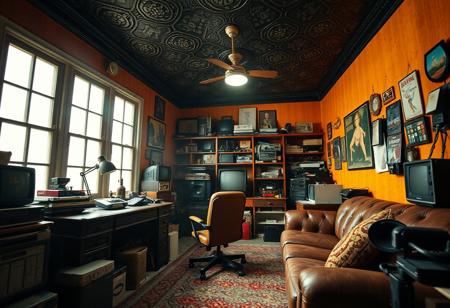 (ANTIQUE, NOSTALGIC, VINTAGE, RETRO THEMED DECOR), (Captured with a Hasselblad medium-format camera with a 80mm Zeiss lens at f/1.8), Sharp Focus. (Dynamic Random Angled Shot), Layered Foreground, (Fluorescent Lighting) with (Stark Contrasting Shadows), (cluttered detailed home office), [Smokey Windows], Retro Desk, (weathered leather desk chair, retro sofa), hoarded vintage technology all over, (richly painted bright textured walls, dark embossed ceiling), (Creative Light Source), [[Extremely Subtle Glowing Light]], ZOOM-OUT, hoarder-paradise,
